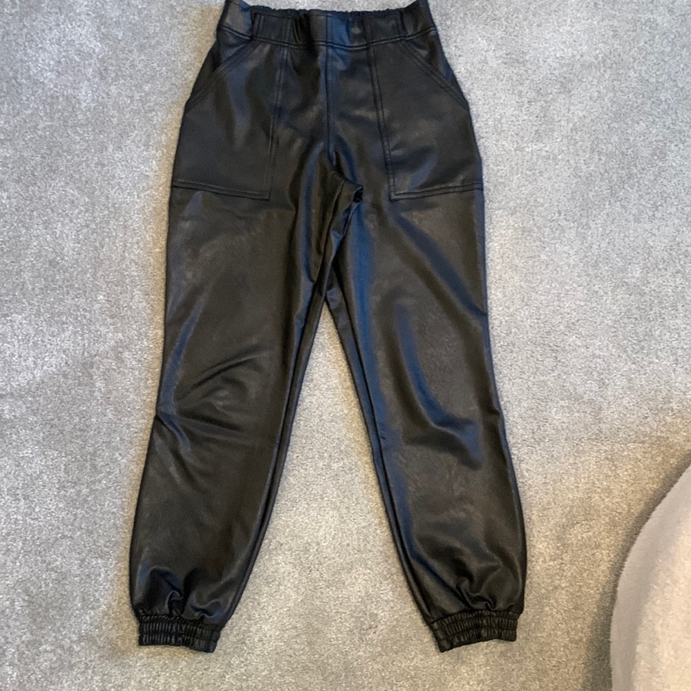 SPANX Black Faux-Leather Joggers with Patch Pockets